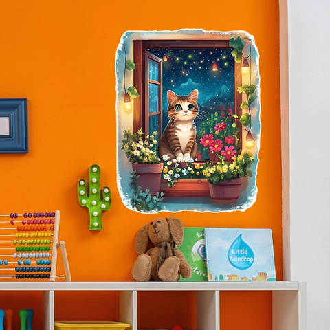 Creative Faux Window Cat Starry Sky Night Scene Wall Sticker Waterproof PVC Decal For Bedroom Living Room Background Home Decor