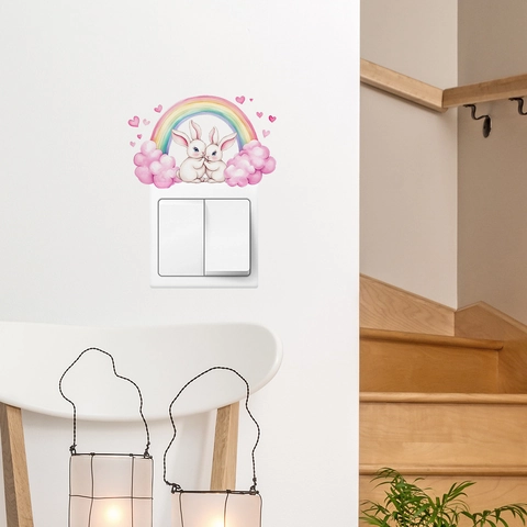 Adesivo Murale in PVC con Coniglio di Coppia di Cartoni Animati e Arcobaleno per Decorazione Interruttore Luce per Cameretta Bambini Camera da Letto