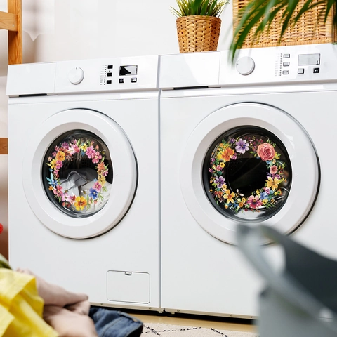 Bloemenkrans Wasmachine Stickers PVC Zelfklevend Bloemen Bijen Patroon Huis Waskamer Achtergrond Verfraaien Decoratie