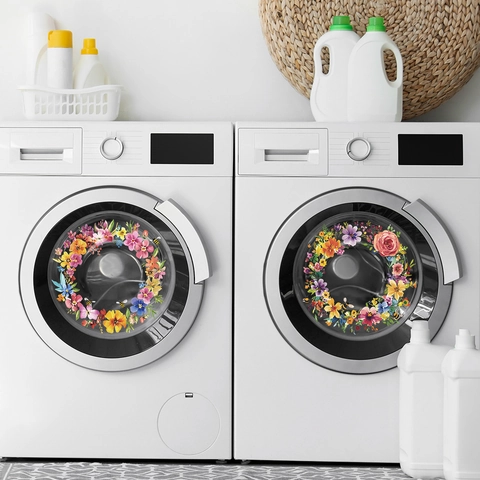 Bloemenkrans Wasmachine Stickers PVC Zelfklevend Bloemen Bijen Patroon Huis Waskamer Achtergrond Verfraaien Decoratie