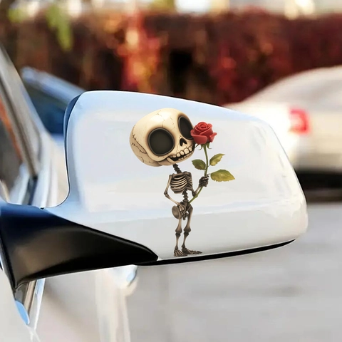 Cartoon Skull With Red Rose Car Window Sticker Waterproof PVC Decorative Decal For Auto Rearview Mirror Glass Surface Decor
