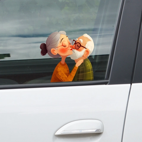 Cartoon Kissing Elderly Couple Car Sticker Waterproof PVC Wall Decal Sweet Couple Home Decoration Background Mural Sticker