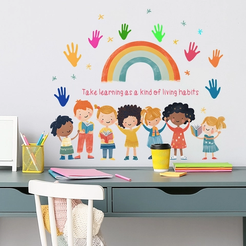 Educational Rainbow Handprints Kids Wall Stickers For Bedroom Classroom Decor PVC Removable Learning Habits Slogan Art