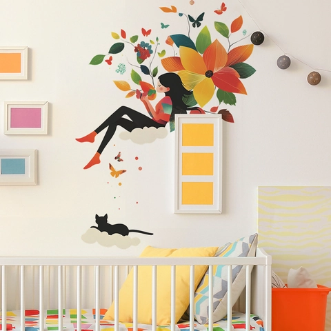 Cartoon Mädchen Blume Wandtattoo PVC Bunt Botanische Illustration Selbstklebend Dekor Für Kinderzimmer Heim