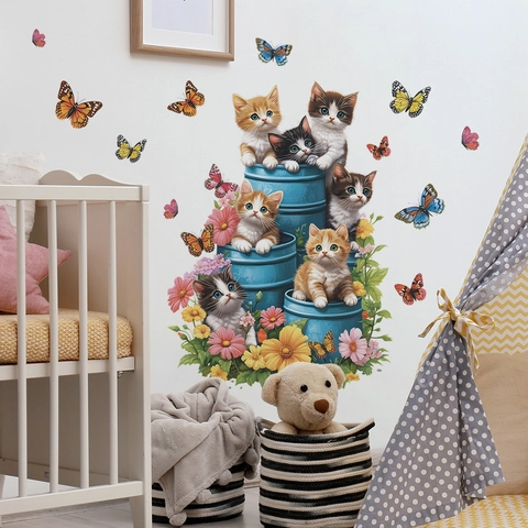 Kreative Katzen Im Eimer Wandaufkleber Abnehmbares PVC Wandtattoo Mit Blumen Schmetterlingen Für Kinderzimmer Wohnzimmer Deko