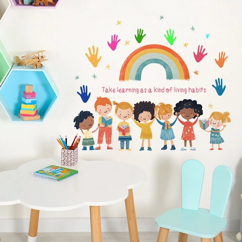 Educational Rainbow Handprints Kids Wall Stickers For Bedroom Classroom Decor PVC Removable Learning Habits Slogan Art