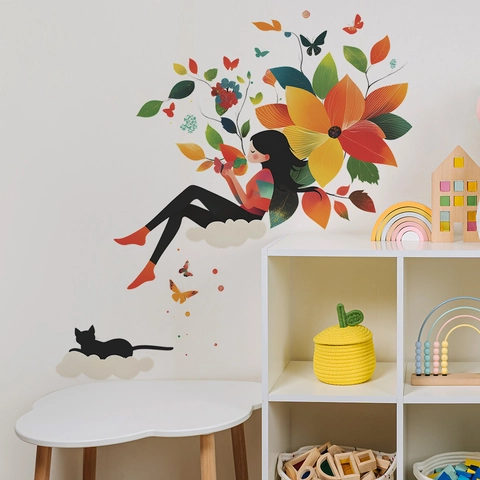 Cartoon Mädchen Blume Wandtattoo PVC Bunt Botanische Illustration Selbstklebend Dekor Für Kinderzimmer Heim