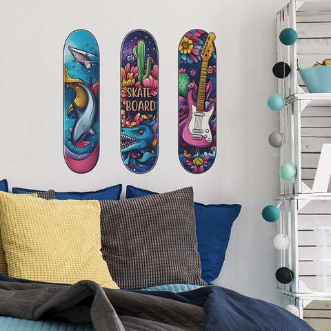 Skateboard Shaped Decorative Wall Stickers With Shark Cactus Guitar Patterns For Kids Bedroom Living Room Home Wall Decor