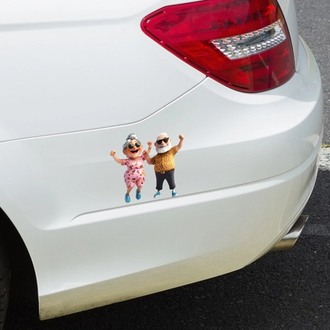 Divertidas Pegatinas de PVC para Coche de Pareja de Ancianos Felices en 3D Dibujos Animados Calcomanía Decorativa para Pared y Coche