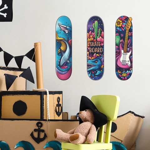 Skateboard Shaped Decorative Wall Stickers With Shark Cactus Guitar Patterns For Kids Bedroom Living Room Home Wall Decor