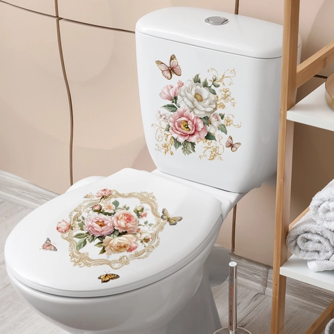 Peony Flower Butterfly Toilet Sticker Waterproof PVC Decal For Bathroom Water Tank And Lid Cover Decoration Home Ornament