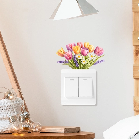 Watercolor Tulip Daisy Flower Switch Sticker PVC Wall Decal For Bedroom Living Room Modern Floral Home Decor Wall Art