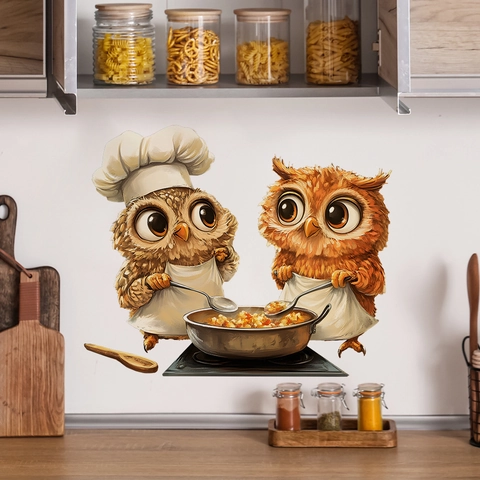 Cartoon Eule Koch Küche Wandaufkleber Wasserdicht PVC Wandtattoo Für Esszimmer Home Decoration Abnehmbare DIY Art Poster Wandbild