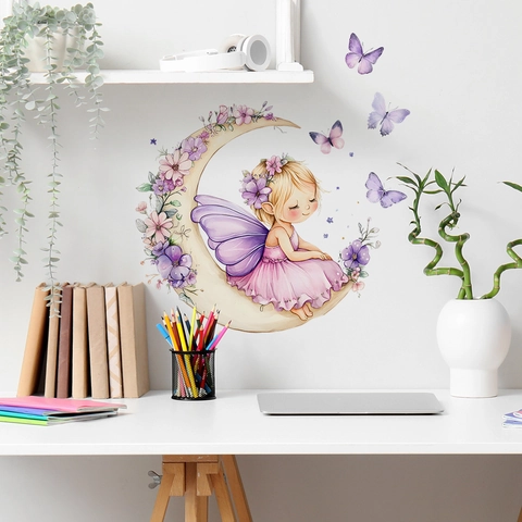 Aquarel Fee Op De Maan Muursticker Paarse Vlinder Bloemen Muurstickers Voor Meisjes Kinderkamer Huis Decoratie