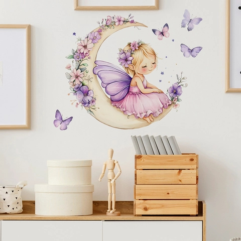 Aquarel Fee Op De Maan Muursticker Paarse Vlinder Bloemen Muurstickers Voor Meisjes Kinderkamer Huis Decoratie