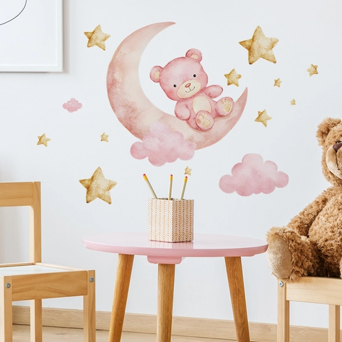 Adesivi Murali Acquerello Orso Rosa Sulla Luna Con Stelle Dorate E Nuvole PVC Decalcomanie Per Camera Da Letto Bambini