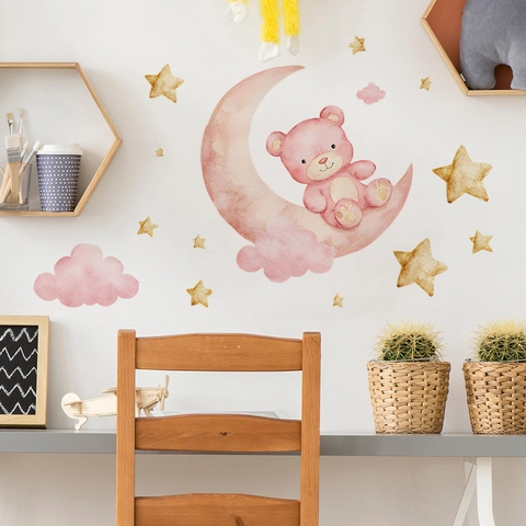 Adesivi Murali Acquerello Orso Rosa Sulla Luna Con Stelle Dorate E Nuvole PVC Decalcomanie Per Camera Da Letto Bambini