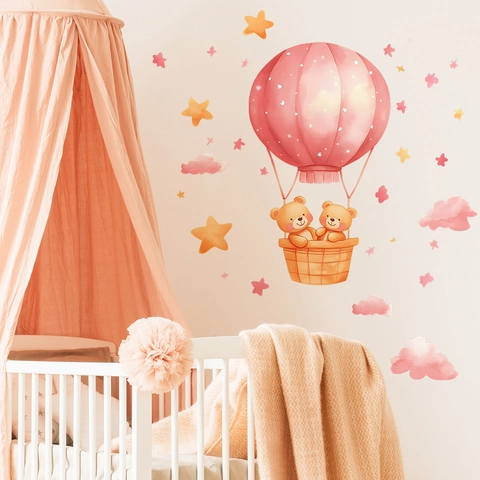 Adesivi Murali Orso Mongolfiera Cartone Animato Acquerello Nuvole Rosa Stelle Decalcomanie Decorazione Casa Cameretta PVC