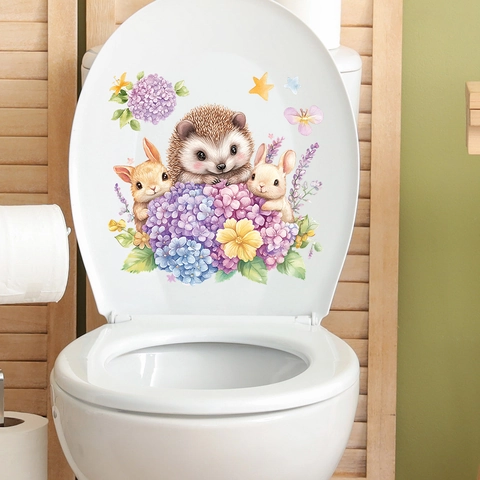 Autocollant de Toilette Dessin Animé Lapin Hérisson Fleur d'Hortensia Imperméable PVC Décalcomanie Décoration de Salle de Bain