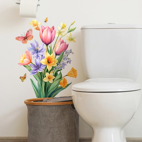 Kleurrijke Bloem Vlinder Toiletsticker Waterdicht PVC Decoratieve Muursticker Voor Badkamer Watertank Badkuip Huisdecoratie