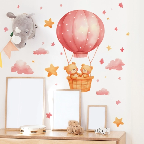 Adesivi Murali Orso Mongolfiera Cartone Animato Acquerello Nuvole Rosa Stelle Decalcomanie Decorazione Casa Cameretta PVC