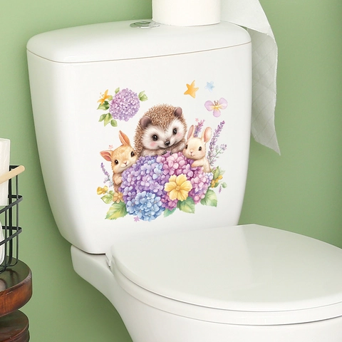 Autocollant de Toilette Dessin Animé Lapin Hérisson Fleur d'Hortensia Imperméable PVC Décalcomanie Décoration de Salle de Bain