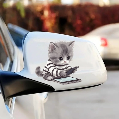 Cartoon Cat Playing With Phone Car Sticker Waterproof PVC Self Adhesive Wall Decal For Vehicle Window Home Decoration