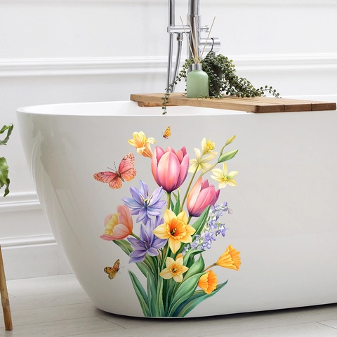 Kleurrijke Bloem Vlinder Toiletsticker Waterdicht PVC Decoratieve Muursticker Voor Badkamer Watertank Badkuip Huisdecoratie