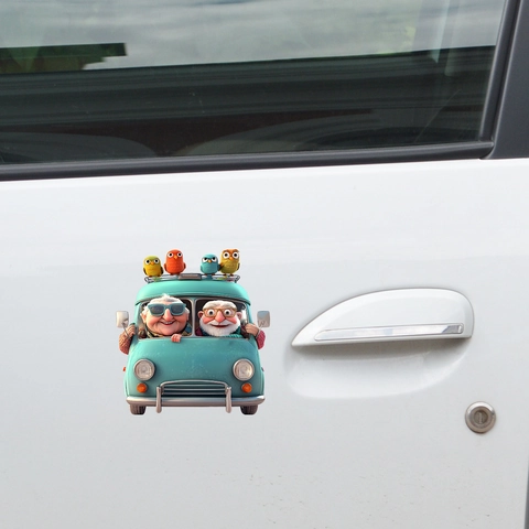 Cartoon Couple Driving Vintage Van Car Sticker Waterproof PVC Wall Decal For Auto Window Home Decor Aesthetic Art