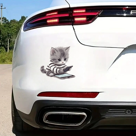 Cartoon Cat Playing With Phone Car Sticker Waterproof PVC Self Adhesive Wall Decal For Vehicle Window Home Decoration