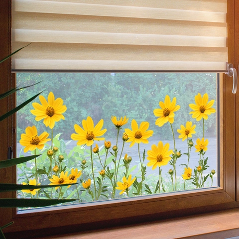 Gelbe Blumen Fensteraufkleber PVC Florale Muster UV Transparente Glasdecals Für Balkon Wohnzimmer Home Decoration Hintergrund Ästhetik
