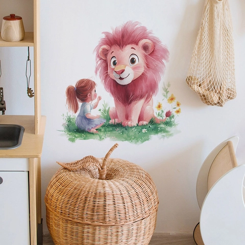 Aquarell Rosa Löwe Und Mädchen Wandaufkleber PVC Cartoon Tier Floral Dekorative Wandtattoo Für Kinder Schlafzimmer Wohnzimmer Wohnkultur