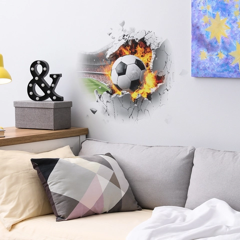 Creative 3D Broken Wall Fire Soccer Football Wall Sticker PVC Removable Decal Mural For Bedroom Sports Fans Home Decor
