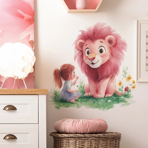 Aquarell Rosa Löwe Und Mädchen Wandaufkleber PVC Cartoon Tier Floral Dekorative Wandtattoo Für Kinder Schlafzimmer Wohnzimmer Wohnkultur