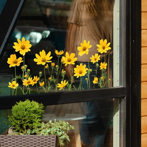 Gelbe Blumen Fensteraufkleber PVC Florale Muster UV Transparente Glasdecals Für Balkon Wohnzimmer Home Decoration Hintergrund Ästhetik