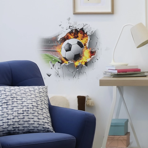 Creative 3D Broken Wall Fire Soccer Football Wall Sticker PVC Removable Decal Mural For Bedroom Sports Fans Home Decor