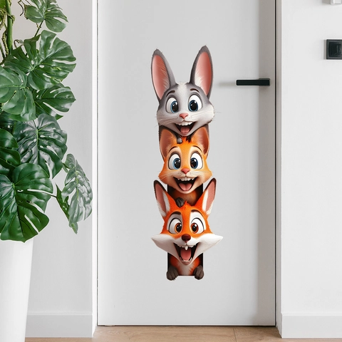 3D Cartoon Animal Stacking Wall Sticker Rabbit Cat Fox Design Decorative Height Chart Removable PVC Decal For Children Room
