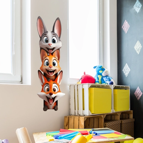 3D Cartoon Animal Stacking Wall Sticker Rabbit Cat Fox Design Decorative Height Chart Removable PVC Decal For Children Room
