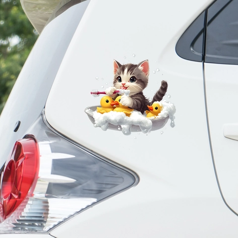 Cute Cartoon Cat Bathing With Yellow Duck Car Sticker Waterproof PVC Wall Decal For Bathroom Glass Window Home Decoration