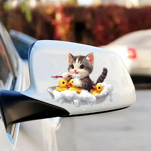 Cute Cartoon Cat Bathing With Yellow Duck Car Sticker Waterproof PVC Wall Decal For Bathroom Glass Window Home Decoration