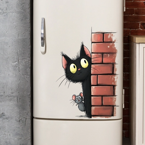 Cartoon Peeking Black Cat Mouse Red Brick Wall Sticker Creative Peeping Animal PVC Fridge Decal For Home Kitchen Decor