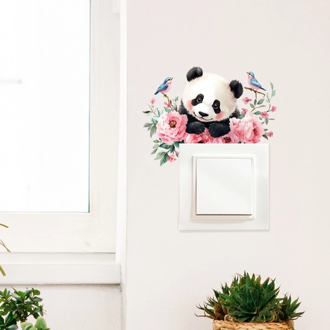 Cartoon Panda Aquarell Blume Schalter Aufkleber PVC Wasserdicht Wandtattoo Für Wohnzimmer Schlafzimmer Home Dekoration Wandbild