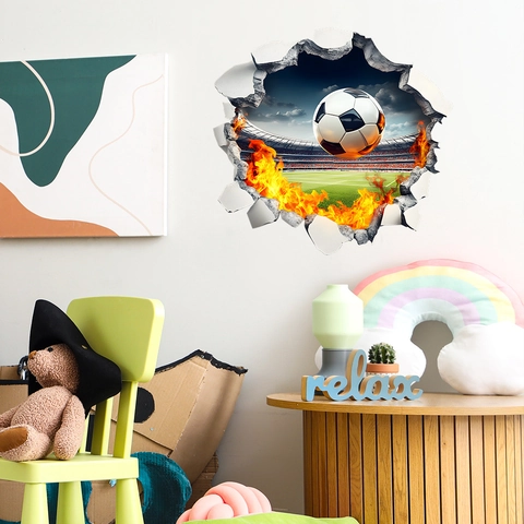 3D Flame Football Cracked Wall Sticker PVC Removable Creative Sports Theme Wall Decal For Boys Bedroom Living Room Home Decor