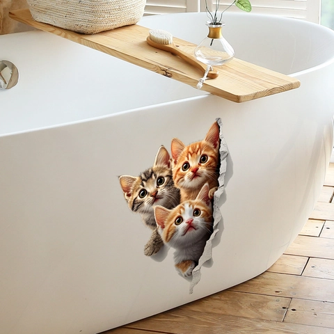 Adhesivo de Pared de Gato 3D Creativo Efecto de Pared Rota Gatito Realista de PVC Mural Removible Calcomanía para Decoración de Sala de Estar Dormitorio Baño Cocina