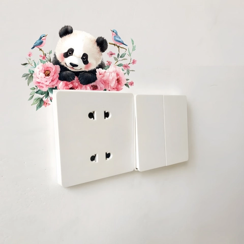 Cartoon Panda Aquarell Blume Schalter Aufkleber PVC Wasserdicht Wandtattoo Für Wohnzimmer Schlafzimmer Home Dekoration Wandbild