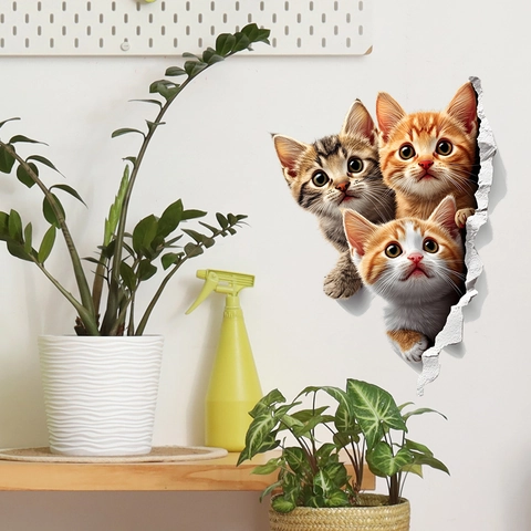 Adhesivo de Pared de Gato 3D Creativo Efecto de Pared Rota Gatito Realista de PVC Mural Removible Calcomanía para Decoración de Sala de Estar Dormitorio Baño Cocina