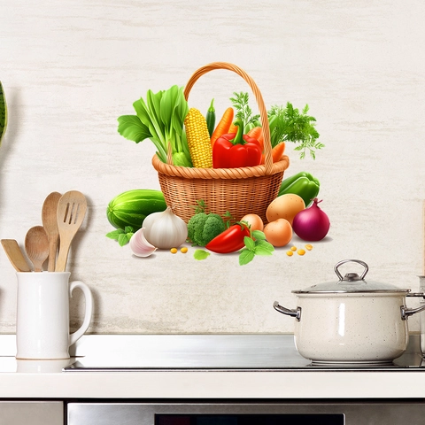 Realistic Painted Vegetable Basket Wall Sticker Waterproof PVC Veggies Decal For Kitchen Dining Room Home Background Decoration