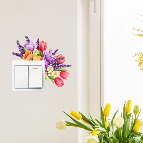 Adesivo per Interruttore della Luce con Fiori e Foglie ad Acquerello in PVC Decalcomania da Muro Rimovibile per Soggiorno Camera da Letto Casa Decorazione