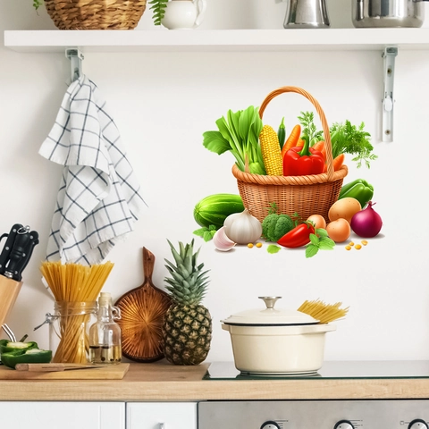 Realistic Painted Vegetable Basket Wall Sticker Waterproof PVC Veggies Decal For Kitchen Dining Room Home Background Decoration