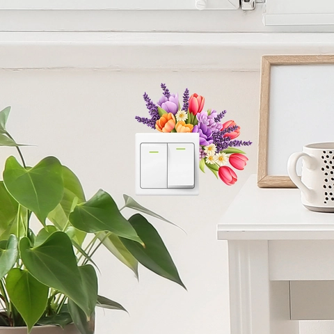 Adesivo per Interruttore della Luce con Fiori e Foglie ad Acquerello in PVC Decalcomania da Muro Rimovibile per Soggiorno Camera da Letto Casa Decorazione